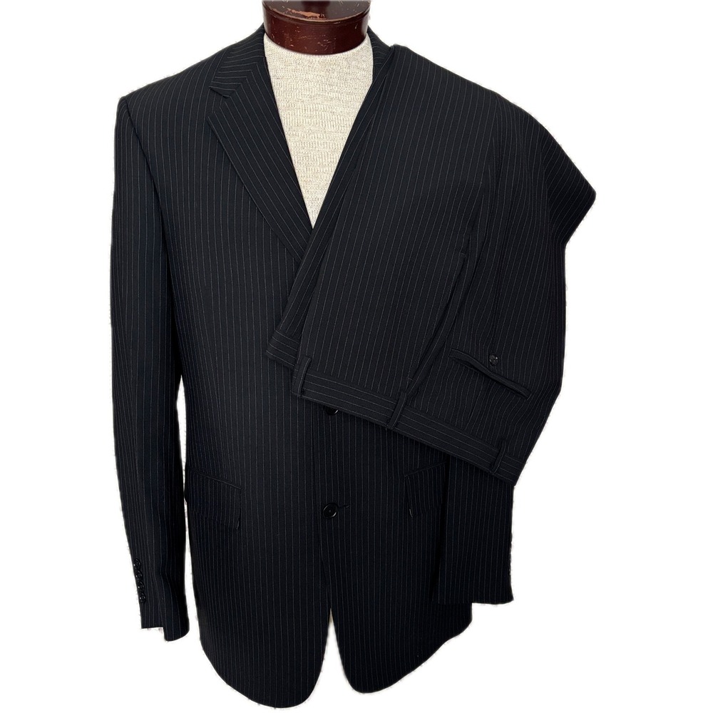 Kenneth Cole New York Pinstripe Wool Single Breasted Suit Men's Size 41 Black